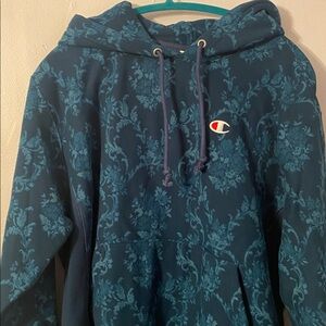 Champion Teal Patterned Hoodie Reverse Weave Medium Hoodie